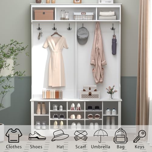 Wodeer Hall Tree with Bench and Shoe Storage, 53" Farmhouse 4-in-1 Mudroom Storage Organizer with Coat Rack, 6 Hooks, 12 Shoe Cubbies, Adjustable Shelf, for Entryway, Hallway, Living Room, White - Image 3