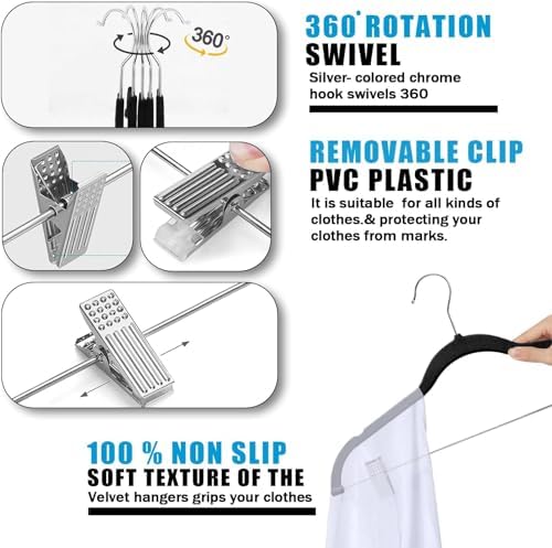 GVTECH Velvet Hangers with Clips, [24 Pack] Metal Clip Hangers for Pants - Notched Skirt Hangers for Pants, Skirts, Suit, Dresses & Shirts 360° Swivel Hook, Non Slip Felt Hanger (Grey, 24 Pack) - Image 4