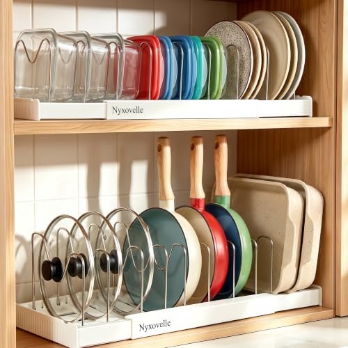 2 Pack Expandable Pots and Pans Organizer under Cabinet, Adjustable Pot Lid Organizer Rack with 9 Stainless Steel Dividers, Food Container Lid Holder for Kitchen Countertop Storage (White) by Unknown