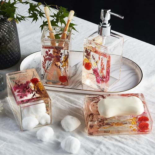 Locco Decor Bathroom Vanity Accessory Set Acrylic Liquid 3D Floating Motion Toothbrush Holder, Tumbler, Soap Dispenser, Soap Dish, Toilet brush, 5-Piece Accessory Set Garden Botanic Pink Plants - Image 3