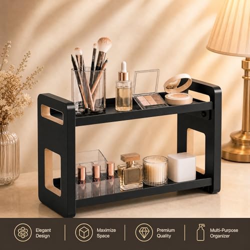 Narrow Solid Wood Bathroom Counter Organizer, Space-Saving Bathroom Storage Rack for Vanity, Multi-Purpose Kitchen Spice Rack & Bedroom Makeup Organizer (Black 2 Tier, 2 Pack) - Image 3