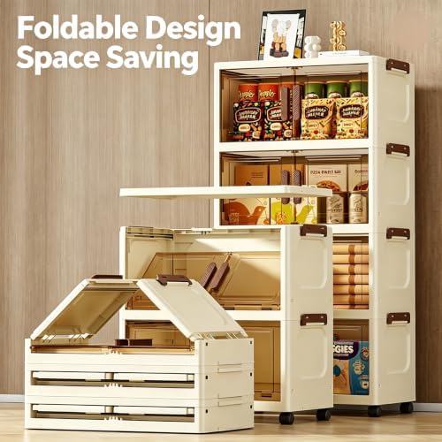 4 Tier Storage Bins with One Lids 23QT Plastic Storage Boxes with Wheels Collapsible Storage Containers Organizers for Living Room Office Dorm, White - Image 2