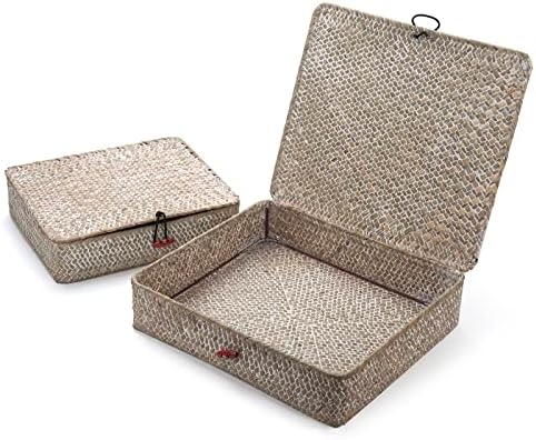 Whitewash Seagrass Basket with Lid Rectangular Decorative Storage Boxes for Shelf Organize Snack Toys Set of 2 (Large+Small) - Image 6
