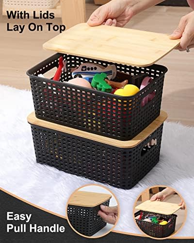 AREYZIN Storage Bins with Bamboo Lids Set of 6 Lidded Storage Container Plastic Baskets Organizer Bins for Organizing Kithen Room Bedroom Office Closet, Sturdy(Black) - Image 2