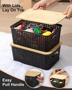 AREYZIN Storage Bins with Bamboo Lids Set of 6 Lidded Storage Container Plastic Baskets Organizer Bins for Organizing Kithen Room Bedroom Office Closet, Sturdy(Black) - Image 2