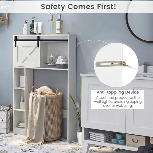 GIANTEX Over The Toilet Storage Cabinet - Freestanding Bathroom Organizer with Sliding Barn Door & Storage Shelves, Multifunctional Bathroom Toilet Rack for Bathroom, Restroom, Laundry (White) - Image 6