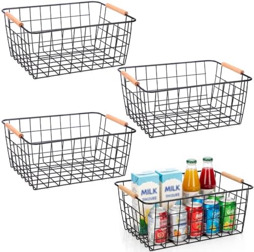 4 Pack Metal Wire Food Storage Basket Organizer with Wooden Handles for Organizing Kitchen Cabinets Black by HDYOUDO