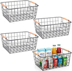 4 Pack Metal Wire Food Storage Basket Organizer with Wooden Handles for Organizing Kitchen Cabinets Black by HDYOUDO
