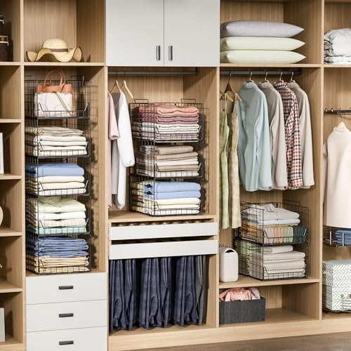 Jakyitvi 5-Tier Stackable Closet Organizer Shelf – Foldable Metal Storage Bins for Clothes, Sweaters & Towels | Stylish Black Wire Baskets for Bedroom, Wardrobe, Dorm or Entryway - Image 2