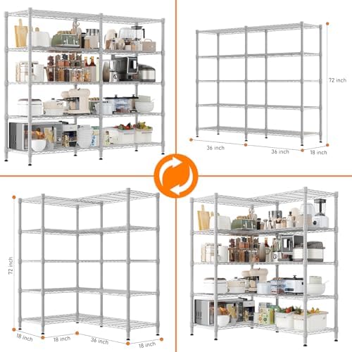 Homdox 5-Tier Adjustable Metal Storage Shelves, Space-Saving Corner Rack for Kitchen, Pantry, Office, Garage, Books & Plants, 18"x72"x72", Silver Gray - Image 3