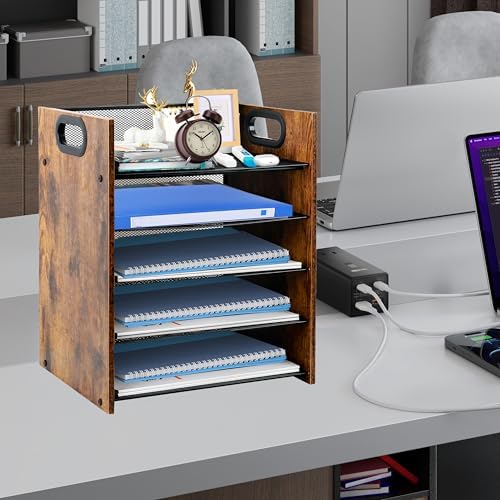 Desk Organizer - 5-Tier Desktop File Organizer, Wooden Paper Tray Organizer, Office Desk Organzier and Accessories for Papers, Mail, Notebooks, Stationery - Image 6