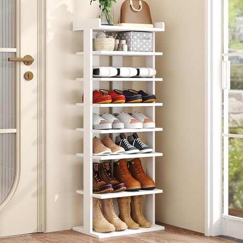 HOMEFORT 7-Tier Wood Shoe Rack, Double Rows 7-Tier Shoe Shelf, Shoe Storage Stand, Entryway Shoe Tower, Vertical Shoe Organizer Perfect for Narrow Closet, Entryway, Hallway, Bedroom in White by HOMEFORT
