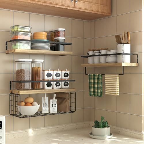 Wood Floating Shelves Wall Mounted - 3+1 Tier Rustic Bathroom Wall Shelves Over Toilet with Wire Storage Basket and Towel Bar, Set of 4 Farmhouse Floating Shelf for Bathroom, Kitchen, Bedroom. - Image 2