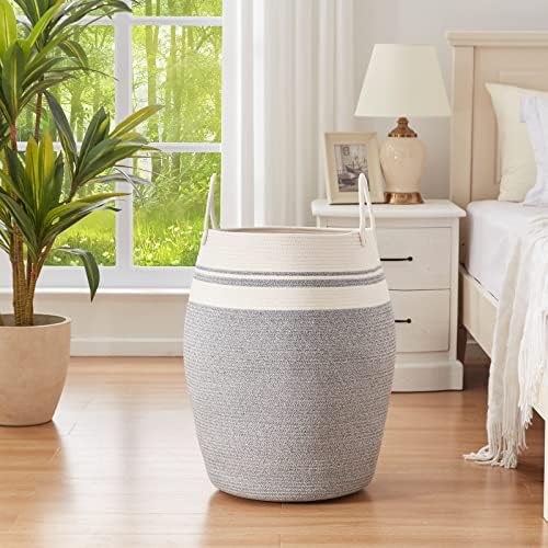 OIAHOMY 105L Laundry Hamper Cotton Rope Large Clothes Hamper White & Grey - Image 2