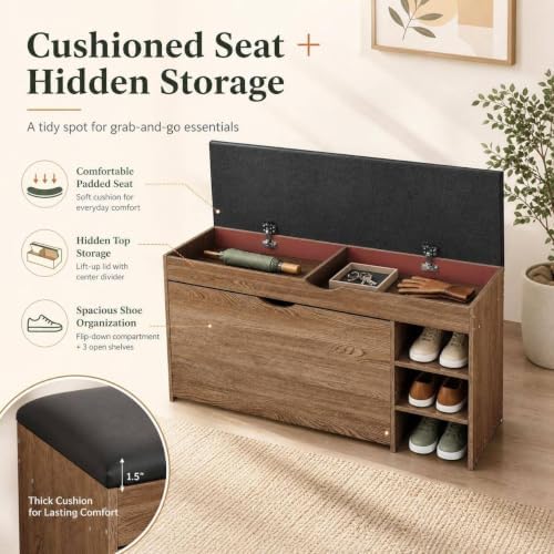 Shoe Storage Bench with Cushion, Rotating Rack for Entryway - Image 5