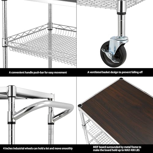 Finnhomy 3 Tier Heavy Duty Commercial Grade Utility Cart with Wood Top, Wire Rolling Cart with Wheels and Handle Bar, Kitchen Carts on Wheels, Metal Cart with 600 LBS Capacity, Chrome - Image 6