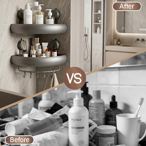 Shower Caddy Suction Cup（2-Pack Gray）, No-Drilling Corner Bathroom Organizer,Rust Proof Shower Shelf for Inside Shower with Removable Hooks & Towel Bar - Image 7