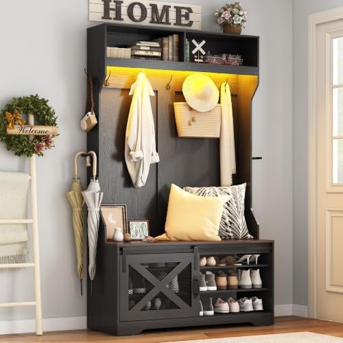 chartustriable 75''H LED Farmhouse Hall Tree with Bench and Shoe Storage,Entryway Bench with Coat Rack,12 Shoe Cubbies & Umbrella Holder,Mudroom/Hallway Storages Cabinet(Black) - Image 3