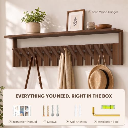Coat Rack Wall Mount with Shelf, Wood Coat Rack with 12 Hooks, Decorative Wall Storage for Entryway, Bedroom, Bathroom, Living Room and Office - Image 6
