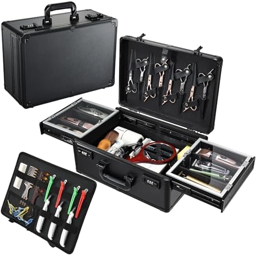 Yueieoun Barber Case 6 Clippers Sliding Tray, Profesional Barbers Briefcase Tool Case, Barber Cases for Clippers and Supplies, Hair Scissors Trimmer Organizer, Salon Hair Grooming Hard Travel Suitcase by Yueieoun