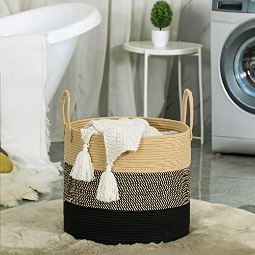 KAKAMAY Large Blanket Basket (18"x18"x16"),Woven Baby Laundry Hamper for Storage, Cotton Rope Blankets Baskets for Nursery, Laundry, Living Room, Pillows, Baby Toy Chest with Handles (Black) - Image 5