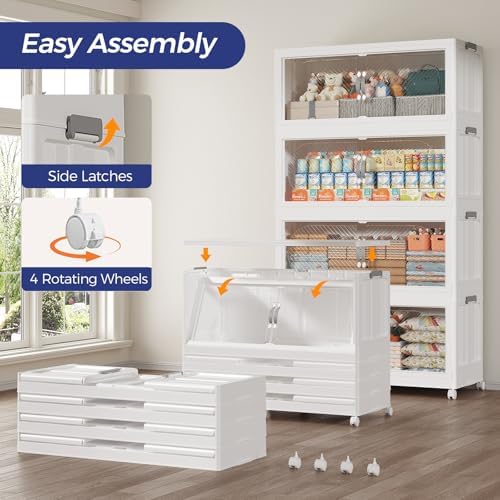 800QT Extra Large Stackable Storage Bins with Lid, 200Gal Plastic Closet Organizers and Storage Drawer, Collapsible Cabinet Box with Wheels Clear Doors for Home Kitchen Office, 5Pack White - Image 5