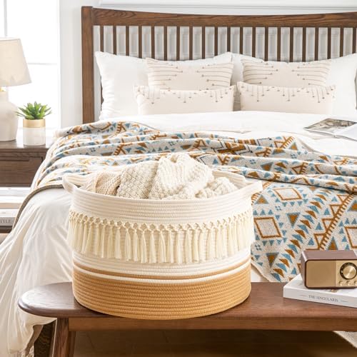 KAKAMAY Large Blanket Basket (20"x13"),Woven Baskets for storage Baby Laundry Hamper, Cotton Rope Blanket Basket for Living Room, Laundry, Nursery, Pillows, Baby Toy chest (White Fringe) - Image 4
