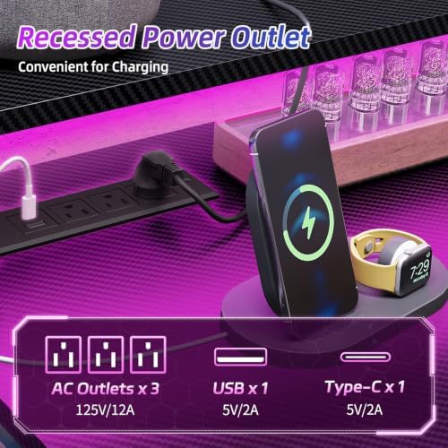 SUPERLELE Gaming Desk with Power Outlet, LED Lights, Storage Shelf & Drawer - Image 5