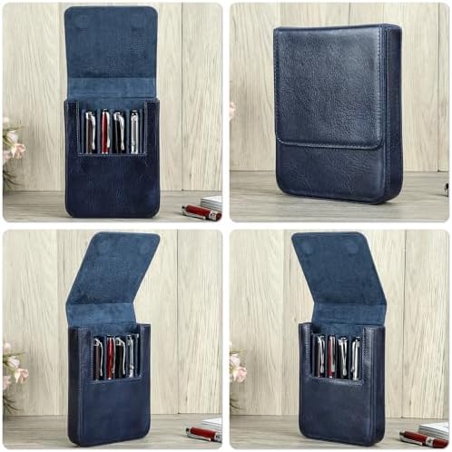 Top Grain Genuine Leather 6 Pen/Pencil Tray Case Organizer, Minimalist Design No Logo, Handmade, Magnetic Closure with Drawer Design, Gift Choice for Man/Woman/Office, Glossy Blue, 6 Slots - Image 2