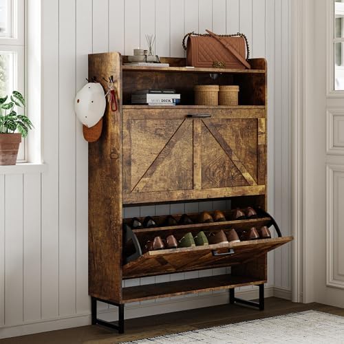 Wodeer Shoe Storage Cabinet with 2 Flip Drawers, Narrow Wood Shoe Cabinet Storage for Entryway with Metal Legs & Hooks, Adjustable Shelves, Freestanding Shoe Rack Organizer for Foyer, Hallway, Brown - Image 3