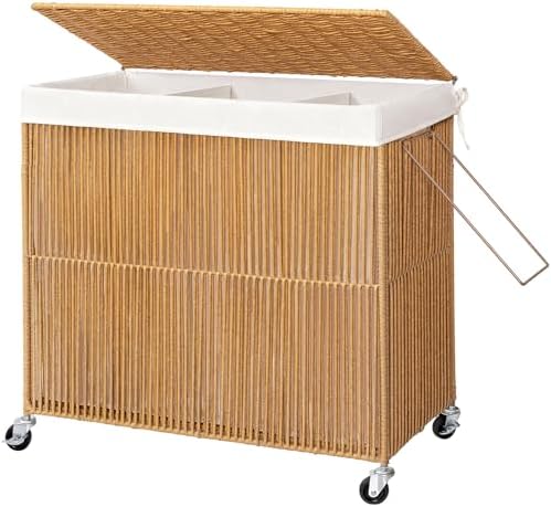 WOWLIVE Laundry Basket 3 Section, Handwoven Laundry Hamper with Wheels by WOWLIVE
