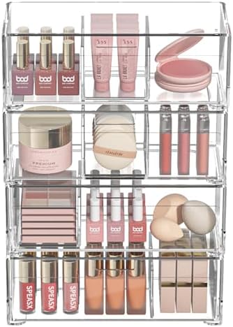 Stackable Storage Drawers Clear Plastic Storage Bins Bathroom Drawer Organizer Medicine Cabinet Organizer Makeup Organizers w Removable Divider Home Workspace Office Desktop Vanity Gift Idea 4Pack by SUNFICON