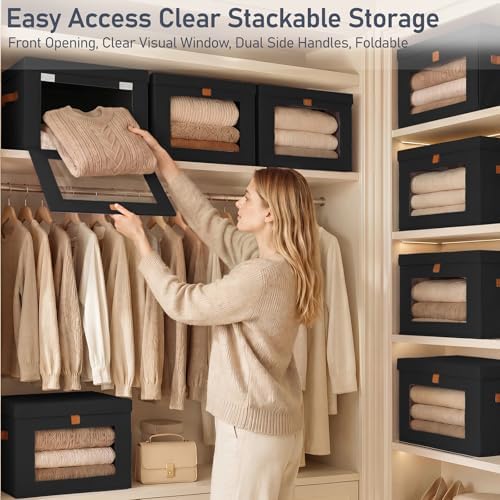 DIMJ Storage Bins with Lids - 5 Pack Front Opening Stackable Fabric Storage Boxes with Clear Window & Handles, Collapsible Closet Organizers for Clothes, Sweaters, Shelf Storage, Bedroom, Black - Image 2