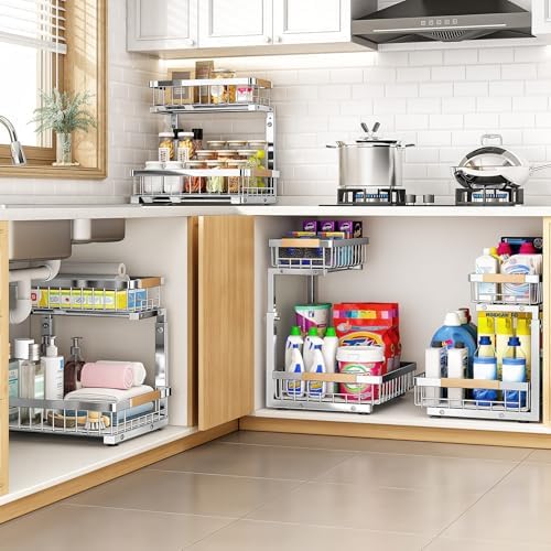 PXRACK Under Sink Organizer, Adjustable Height, 2 Tier Pull Out Cabinet Organizer, Slide Out Thickened Metal Storage for Kitchen Bathroom Laundry Pantry Cabinet, Stainless Steel, Silver, Large-2-Pack - Image 7