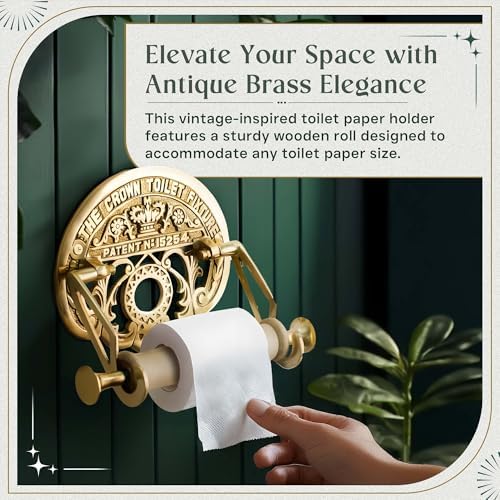 Bright Brass Wall Mount Toilet Paper Holder 7.25" Wide Vintage Crown Style Solid Brass Easy Install Toilet Tissue Paper Holders with Wooden Roll for Bathroom | Renovators Supply Manufacturing - Image 5