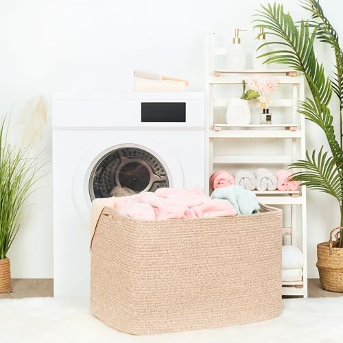 MINTWOOD Design 112L Extra Large Blanket Basket Holder Living Room, 25"x17"x16" Rectangle Rope Woven Storage Basket with Handles for Laundry, Towels, Shoes, Dog Toy Organizer Bin Box, Oatmeal Brown - Image 3