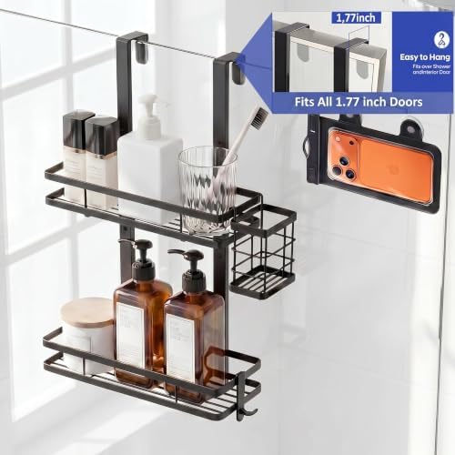 Over the Door Shower Caddy Hanging, Rustproof Shower Shelves with Waterproof Phone Pouch, 2-Tier Adjustable Bathroom Organizers and Storage, No Drilling Shower Shelf, Black Shampoo Soap Holder - Image 4