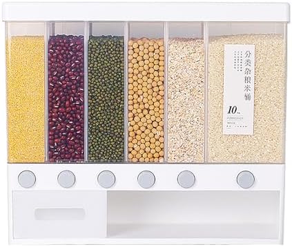 Divided Rice and Cereal Dispenser 6 Grid Food Storage Containers Grain Storage Box Household Food Dispensers 10L Capacity Suitable for Rice Beans Wall Mounted Dry Food by %E4%B8%BB%E9%A1%B5