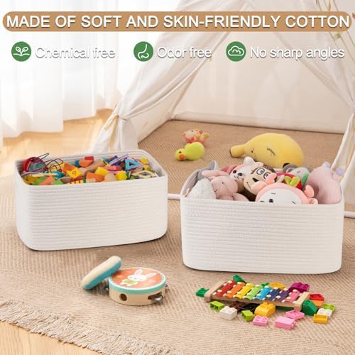 OIASKET Large Storage Basket for Organizing, Woven Rope Basket for Shelves, Closet Organizer Bins for Clothes, Blanket, Toys, Baby Nursery Storage, 17.7" x 13" x 7.87", 2 Packs White - Image 4