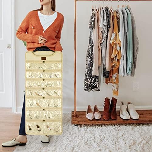 SMRITI Hanging Jewelry Organizer with Dual Zippered Pockets Canvas Double Sided Rotating Hanger Necklace Hanging Wall Organizer Earring Dustproof Holder Wall Mount Accessories Display Bag(Beige) - Image 2