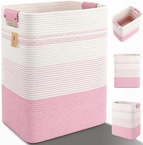 Laundry Hamper, Cotton Rope Laundry Basket with Leather Handles, 22.5-Gallon/85 L Large Clothes Hampers for Laundry, Woven Laundry Baskets for Blankets, Clothing, Bedroom, Living Room, Nursery by ARATECHOME