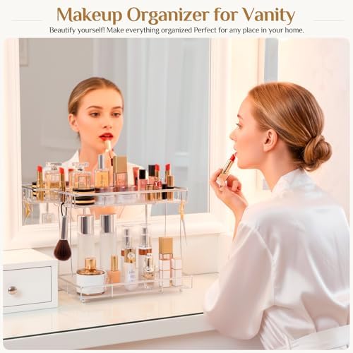 Bathroom Organizer Countertop Perfume Organizer Makeup Organizer Cosmetics Storage Display Rack Vanity Tray Dresser Steel Chrome Shelf Transparency Wavy Acrylic Tray (2 Tier Chrome) - Image 3