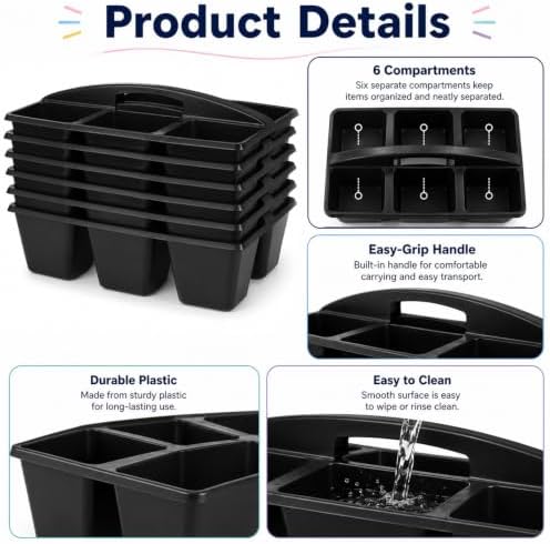6 Pack Classroom Caddy with Handle, 6 Compartment (Black) - Image 3