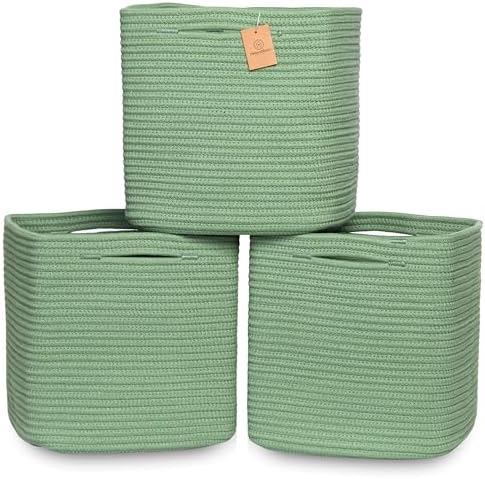 NaturalCozy 13 Inch Cube Storage Bins Cotton Rope Woven Baskets for Organizing 3-Pack | 13 x 13 Storage Cubes | Fabric Square Storage Baskets for Shelves Organizer, Kids Toy Bins, Closet Baby Nursery by NaturalCozy