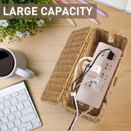 2 Pcs Large Rattan Cable Management Box, Cord Organizer Box with Lid Under Desk Router Wire Hider Storage Boxes with 4 Exits for TV Wires Computer Surge Protector USB Hub Power Strip, 14.2×6.7×5.9" - Image 5
