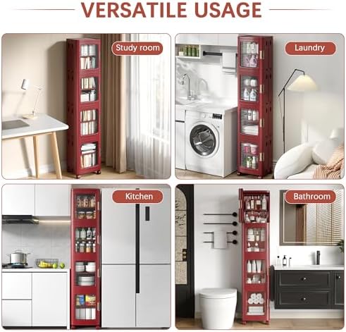 VECELO 4-Tier Narrow Storage Cabinet with Wheels, Red - Image 6