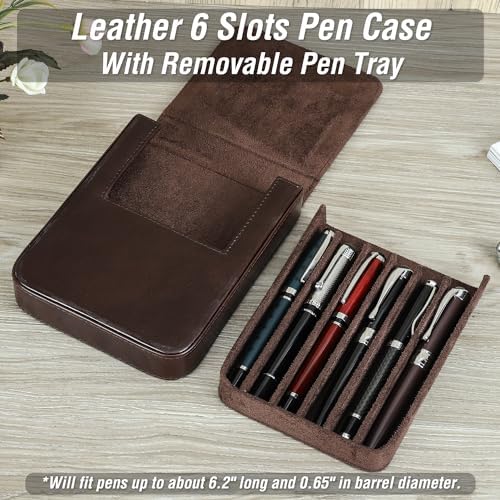 Top Grain Genuine Leather 6 Pencil/Pen Tray Case Organizer, Fashion Design No Logo, Handmade, Magnetic Closure with Drawer Design, Gift Choice for Man/Woman/Office, Glossy Coffee, 6 Slots - Image 3