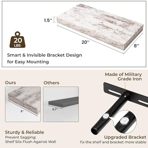 RICHFOCUS Bathroom Floating Shelves for Wall 2Pack|Rustic White|20" L - Image 3