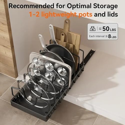 AmoiChic 2 Pack Pull Out Cabinet Organizer for Pots and Pans, Black Storage Rack with 8 Adjustable Dividers, Kitchen Cabinet Organizer for Pot Lids, Bakeware, Dishes Storage - Image 4