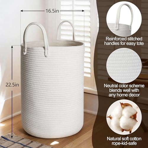 MEGASKET Large White Laundry Basket, 80L Tall Blanket Basket Living Room, Cotton Rope Toy Bin for Organizing, XL Woven Baby Nursery Laundry Hamper with Handle, White Room Decor, Bedroom Aesthetic - Image 2